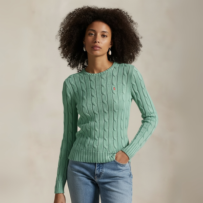 Zopfmuster-Baumwollpullover mit Rundhalsausschnitt