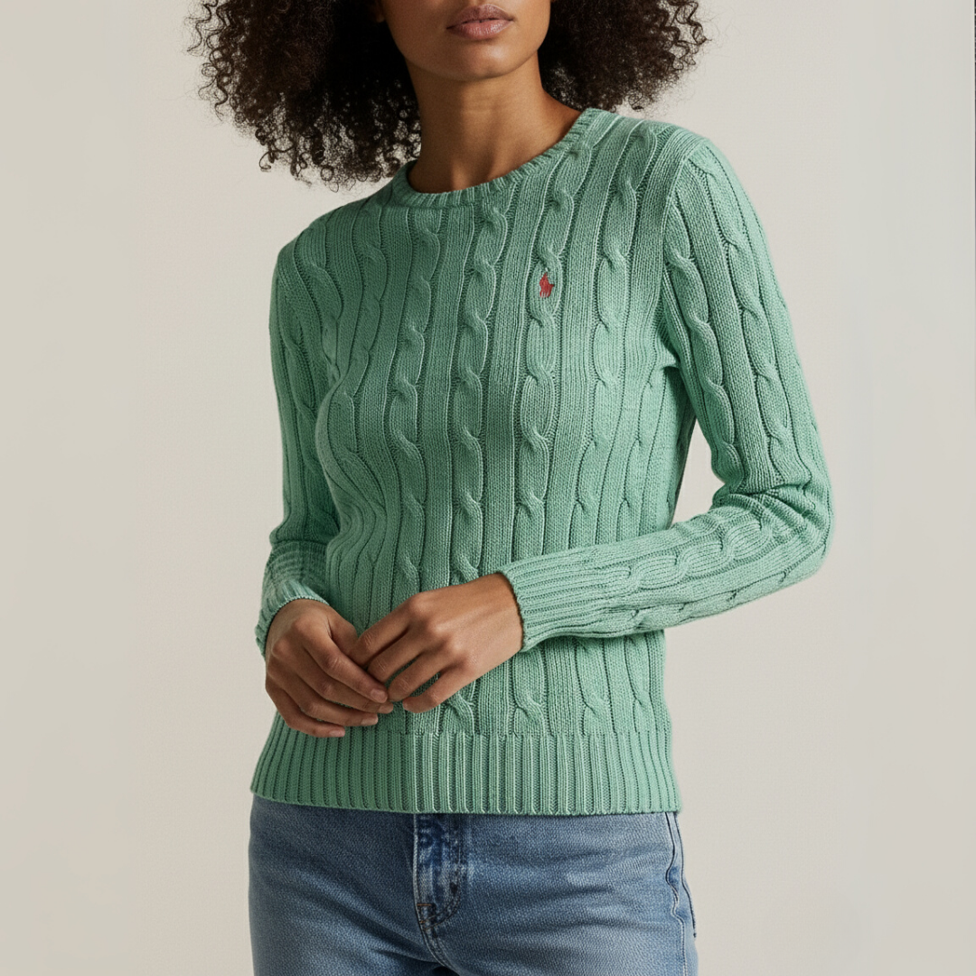 Zopfmuster-Baumwollpullover mit Rundhalsausschnitt