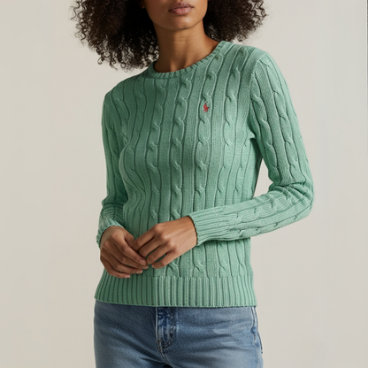 Zopfmuster-Baumwollpullover mit Rundhalsausschnitt