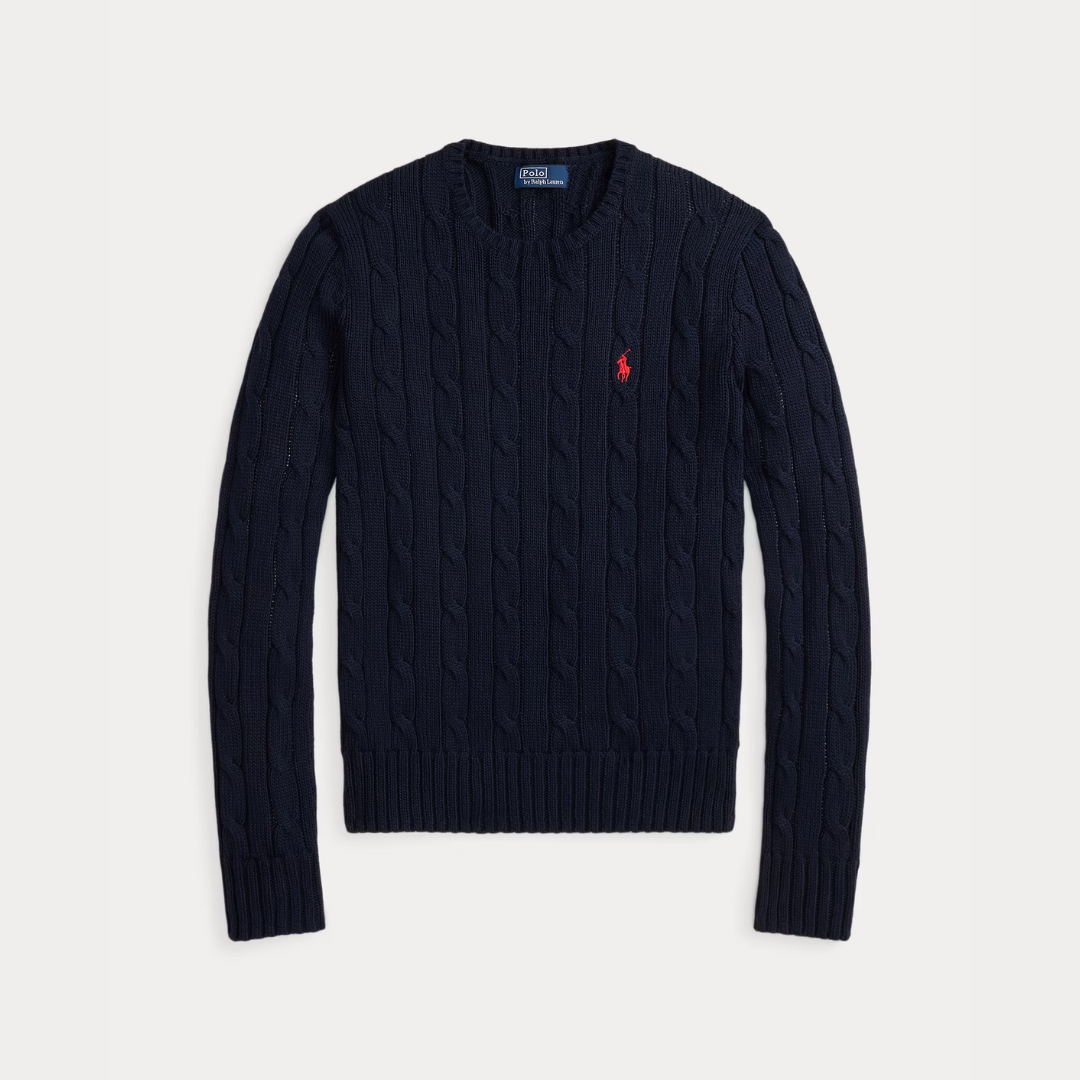 Zopfmuster-Baumwollpullover mit Rundhalsausschnitt