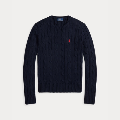 Zopfmuster-Baumwollpullover mit Rundhalsausschnitt