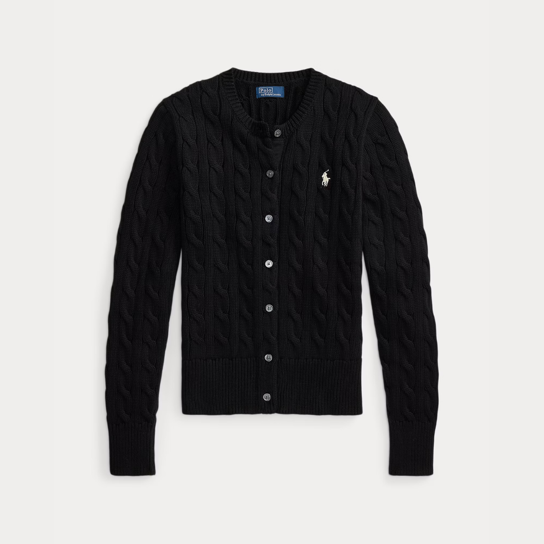 Zopfmuster-Baumwoll-Cardigan mit Rundhalsausschnitt