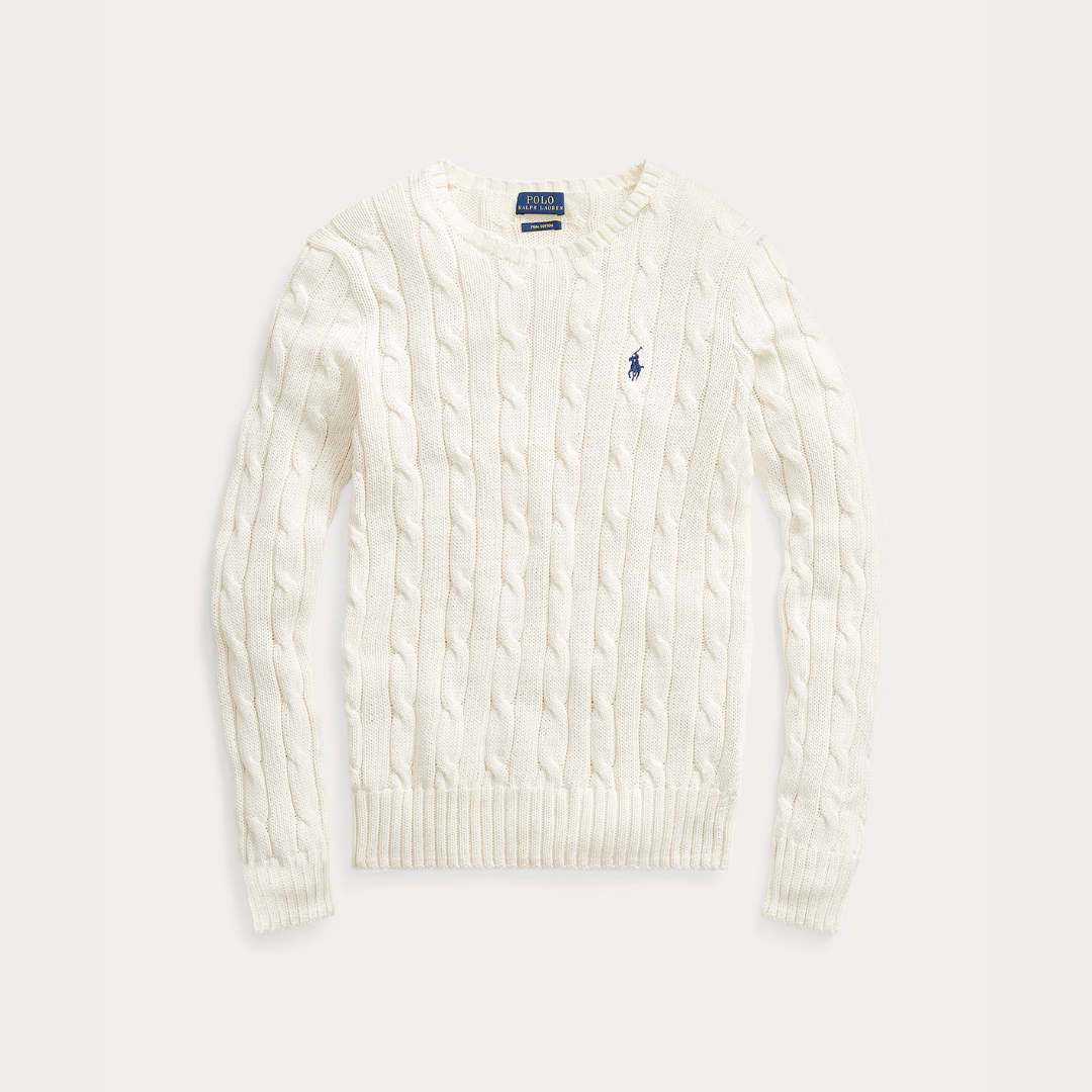 Zopfmuster-Baumwollpullover mit Rundhalsausschnitt