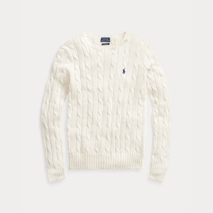 Zopfmuster-Baumwollpullover mit Rundhalsausschnitt