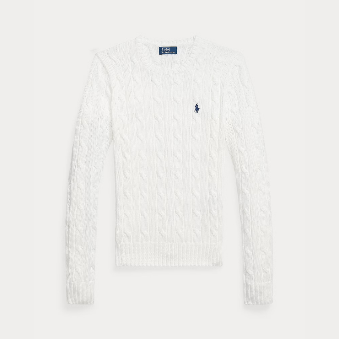 Zopfmuster-Baumwollpullover mit Rundhalsausschnitt