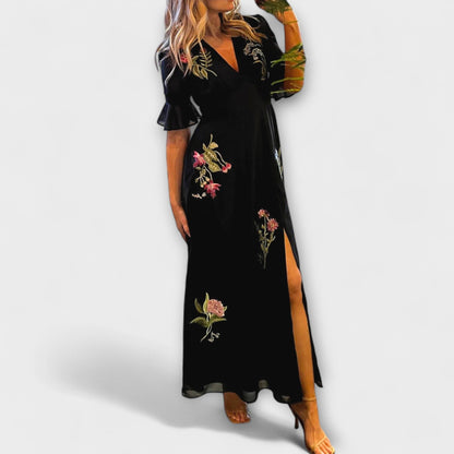 Beatrice - Elegantes Navy Blaues Kleid mit Floralstickerei