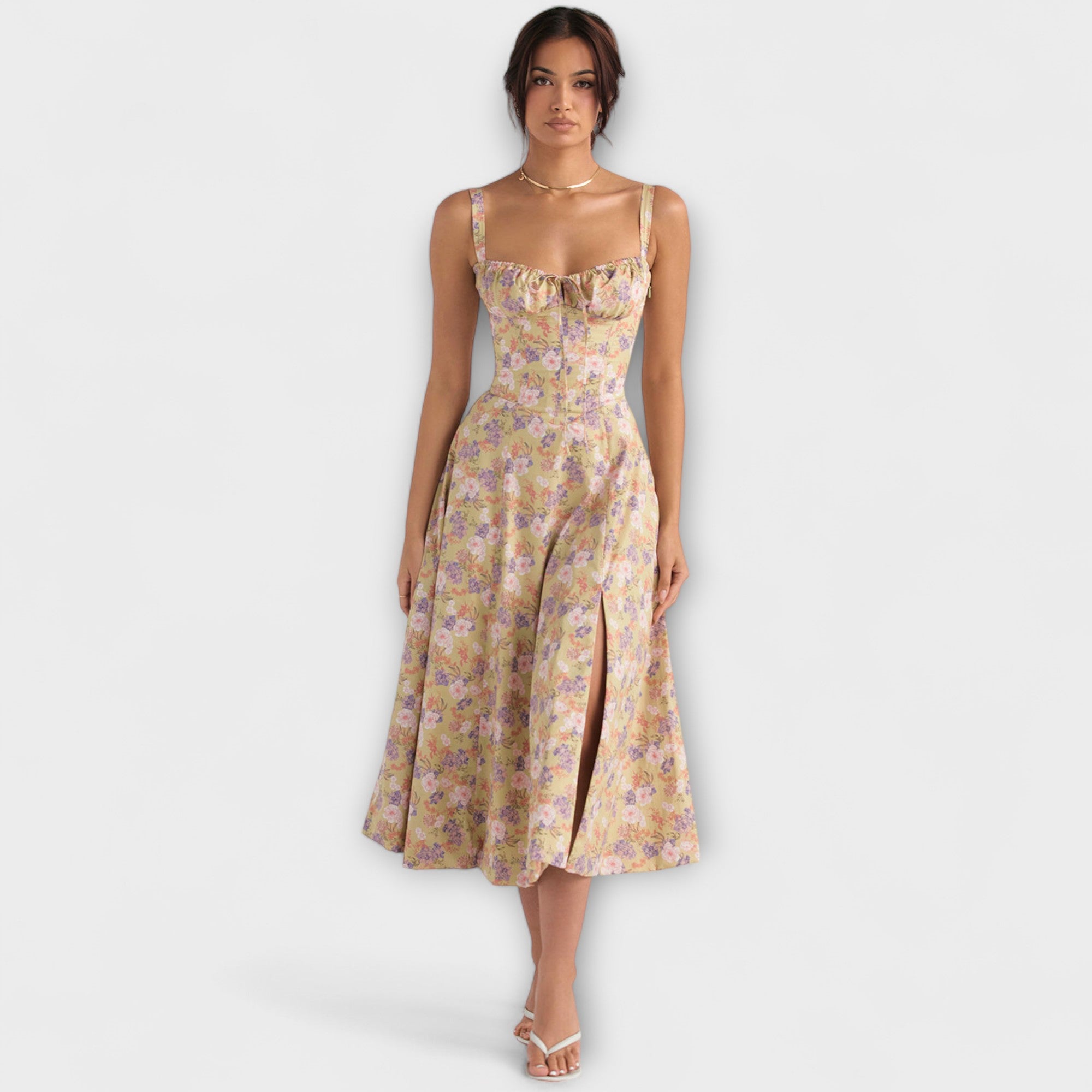 Zipporas - Maßgeschneidertes Bustierkleid mit modernem Frühlingsblumenmuster