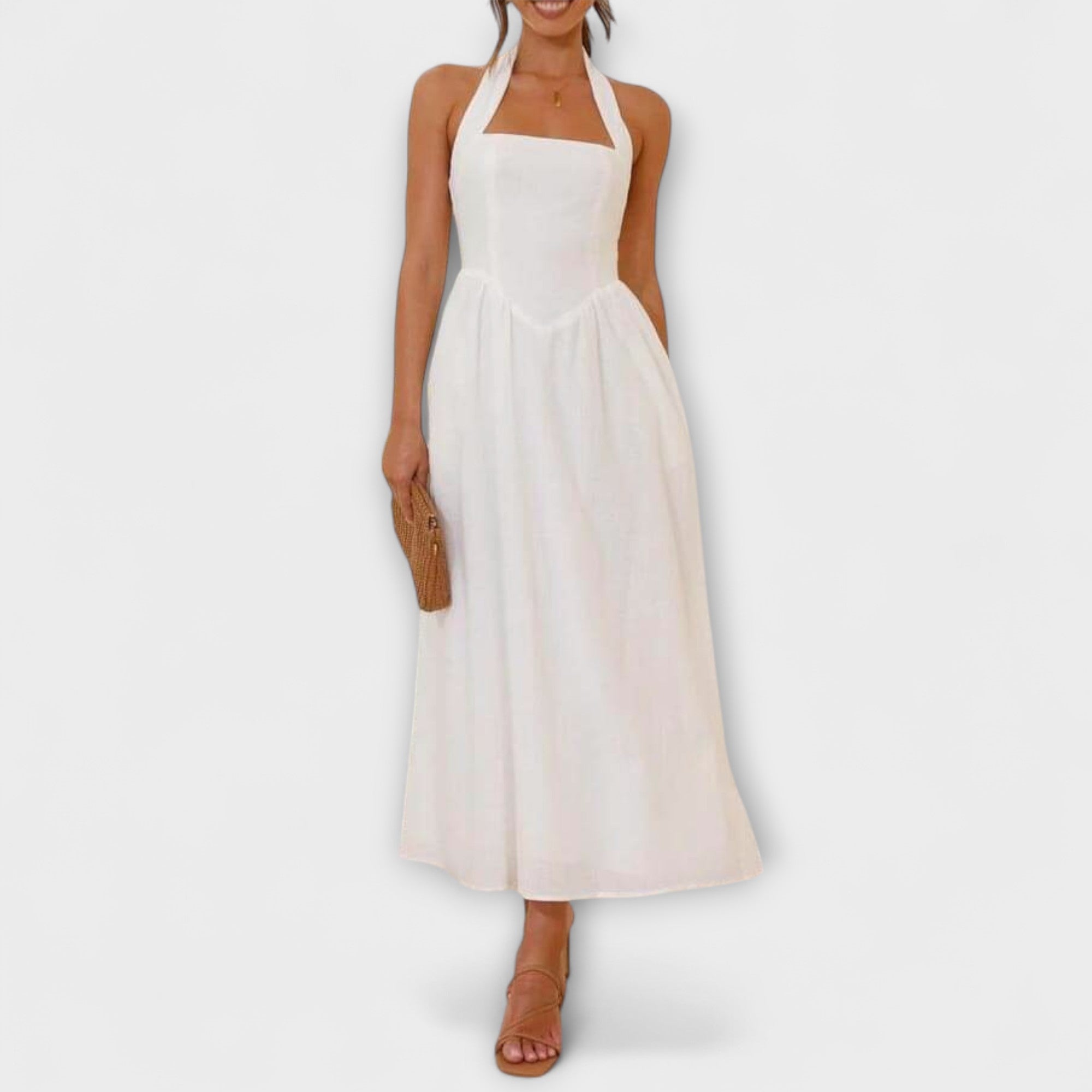 Lydia - Schwarzes Midikleid mit Halsband und Taillendetail