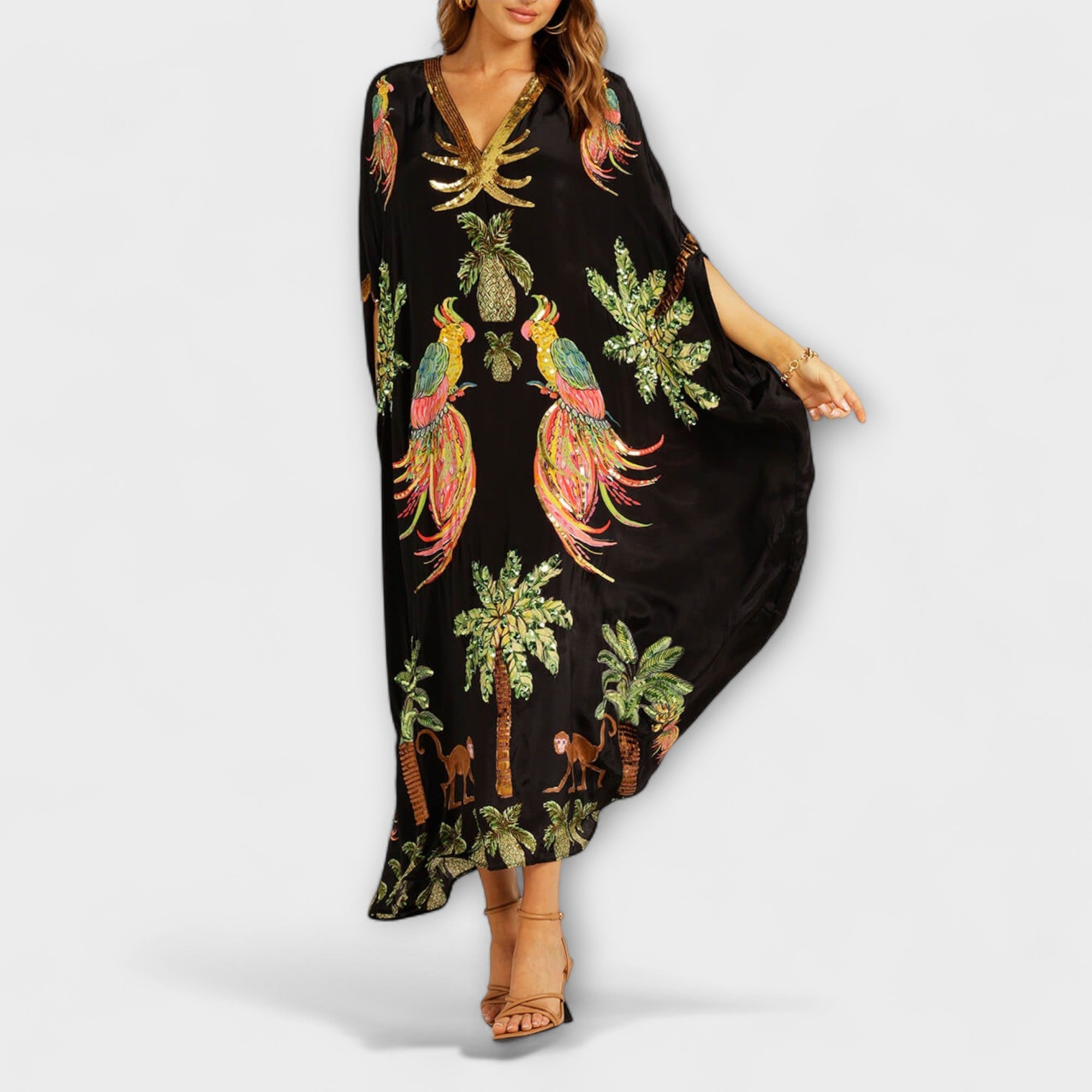 Linda - Auffälliges Kleid mit schulterfreiem Design und Kokosnussbaum-Print