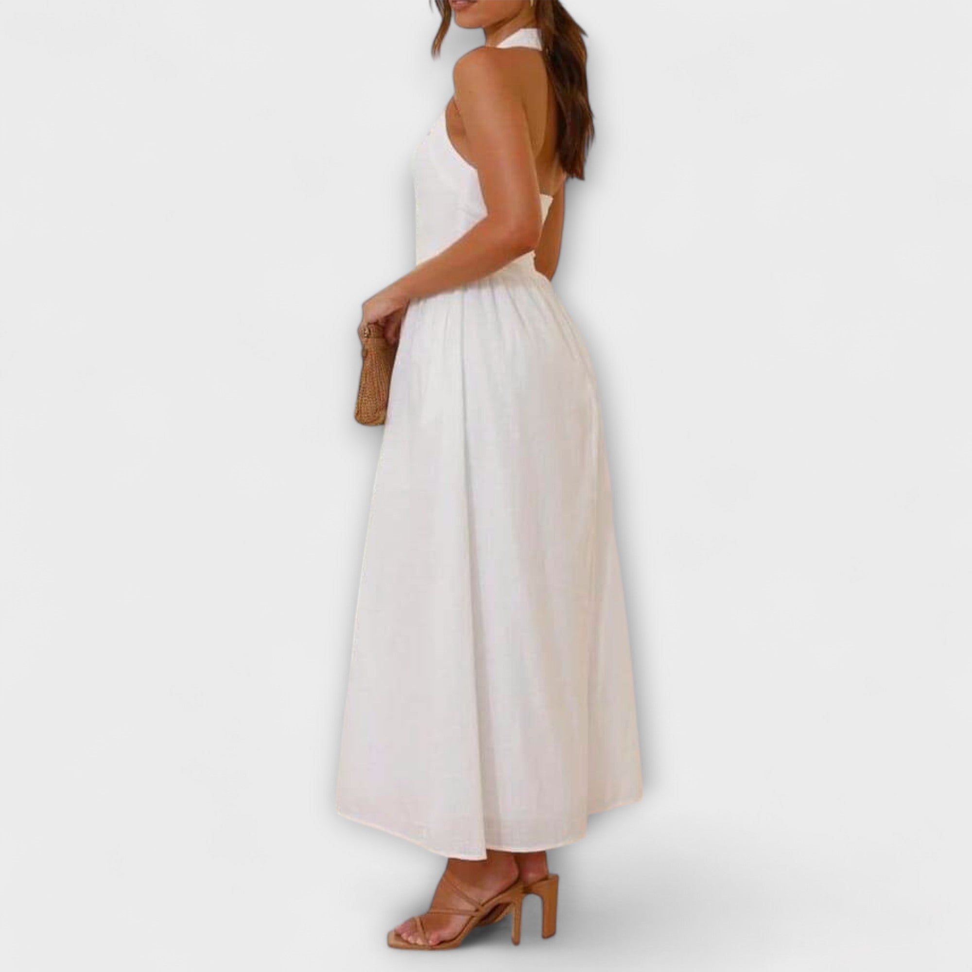 Lydia - Schwarzes Midikleid mit Halsband und Taillendetail