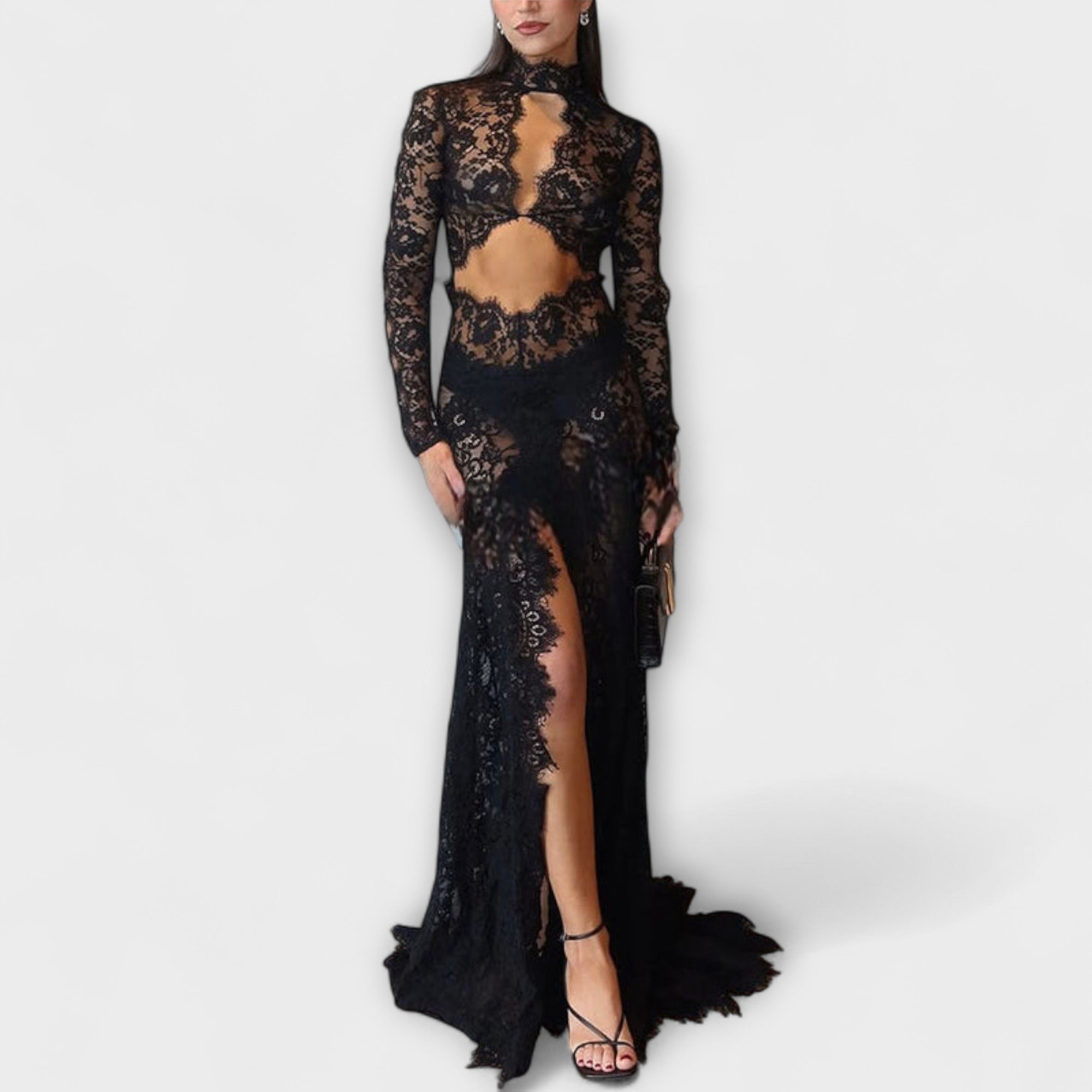 Azalee - Mitternachts Eleganz Transparente Cutout Langarm Stretch Maxikleid